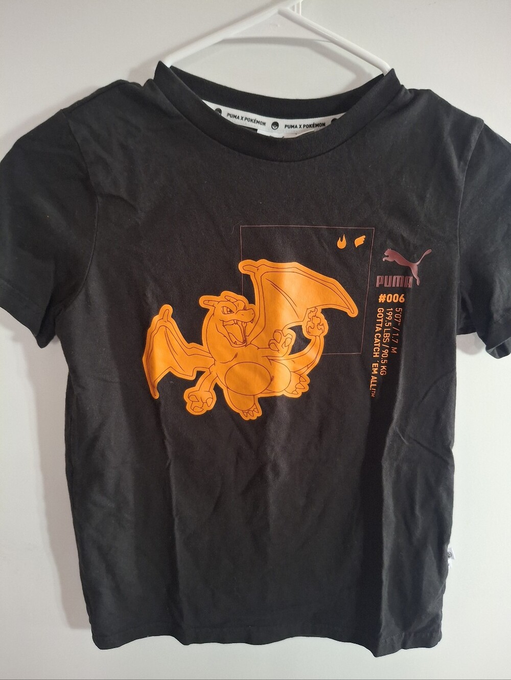 Puma Pokeman Kids Black Tee with Bright Orange Dragon Graphic